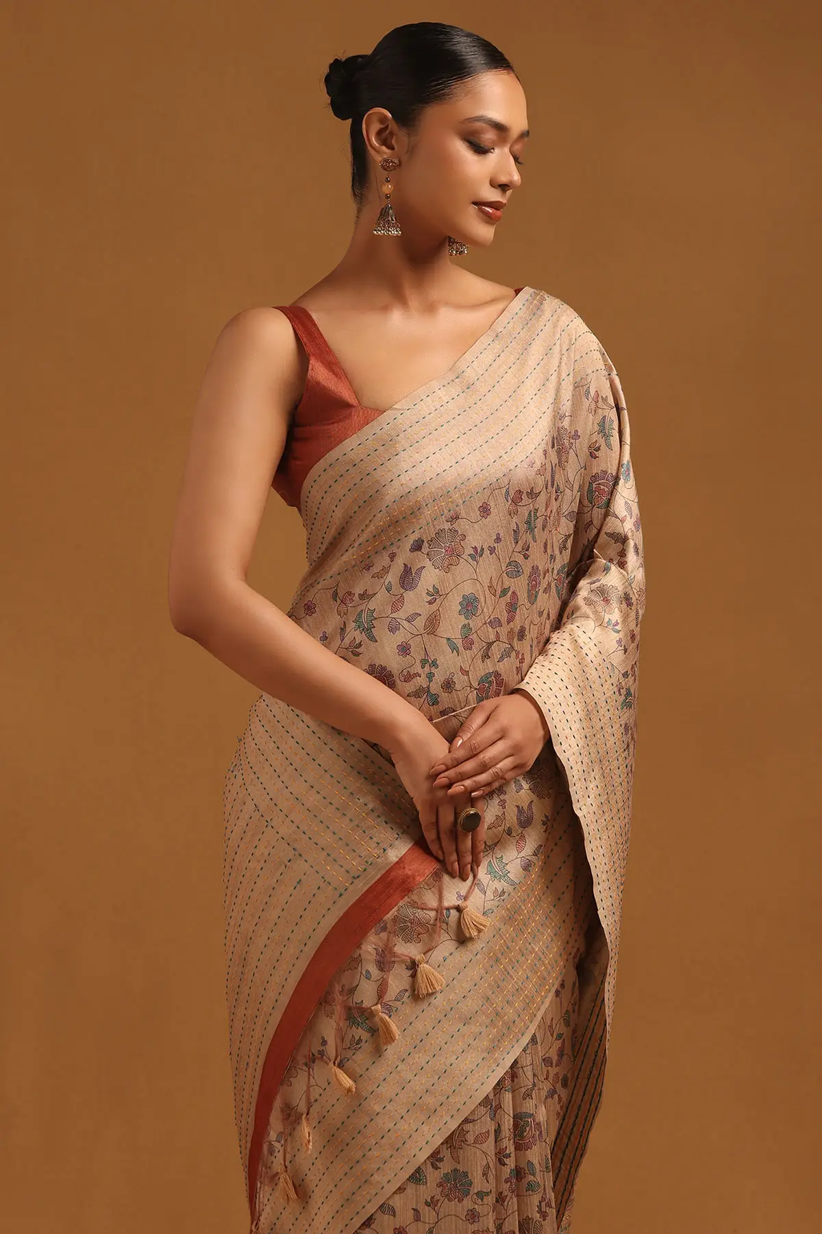 Rust Tussar Floral Saree With Kantha Embroidery